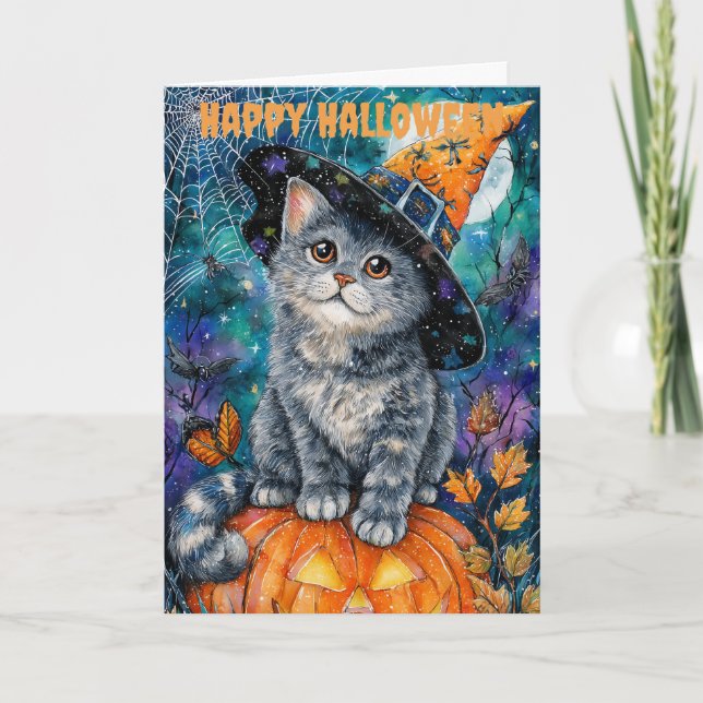 Halloween Rysk Blå Katt Helgkort (Framsida)