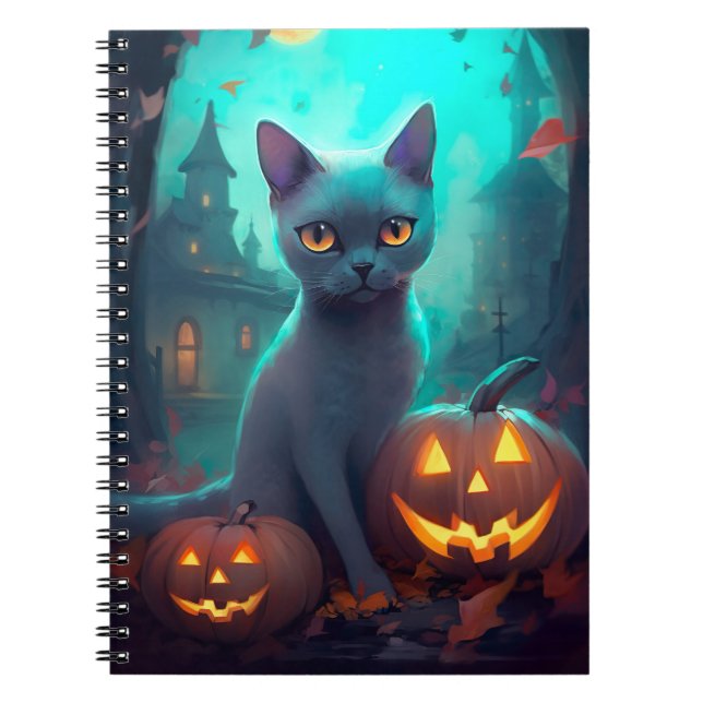 Halloween Rysk Blå Katt Med Pumpa Skräckinjagande Anteckningsbok (Framsidan)