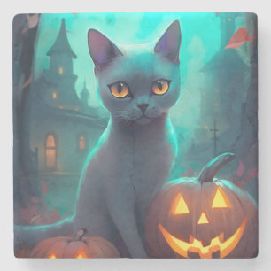 Halloween Rysk Blå Katt Med Pumpa Skräckinjagande Stenunderlägg