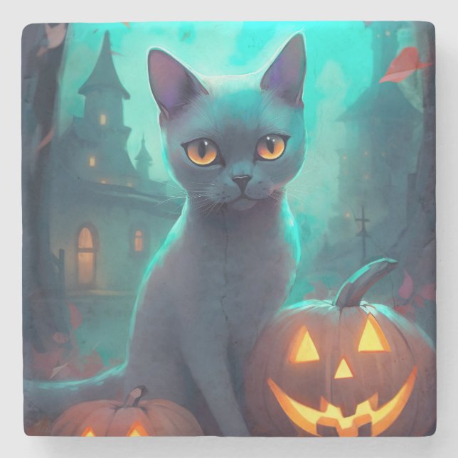 Halloween Rysk Blå Katt Med Pumpa Skräckinjagande Stenunderlägg (Framsidan)