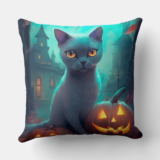 Halloween Rysk Blå Katt Med Pumpor Skräckinjagande Kudde (Baksida)