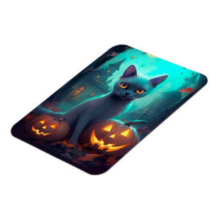 Halloween Rysk Blå Katt Med Pumpor Skräckinjagande Magnet