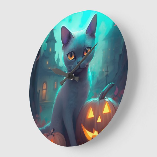Halloween Rysk Blå Katt Med Pumpor Skräckinjagande Stor Klocka (Vinkel)