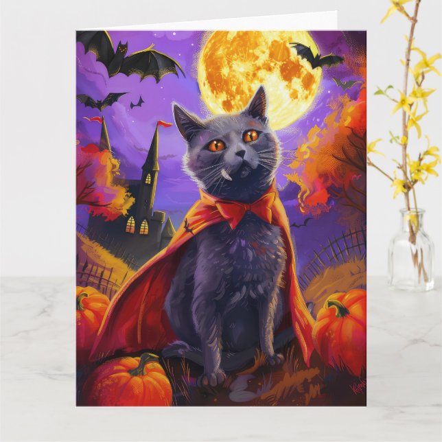 Halloween Rysk Blå Katt Vampyr Pumpa Skräck Kort (Gul blomma)