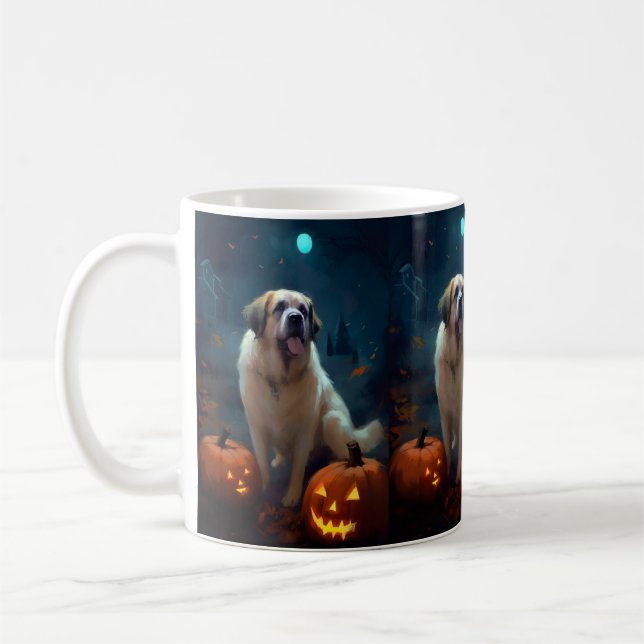 Halloween Saint Bernard med Pumpkins Scary Kaffemugg (Vänster)