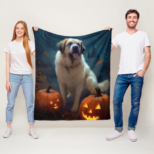 Halloween Saint Bernard med pumpor läskig  Fleecefilt (På plats)