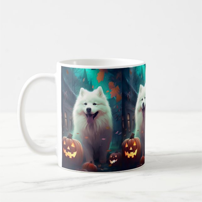 Halloween Samojed Med Pumpa Skräckinjagande Kaffemugg (Vänster)