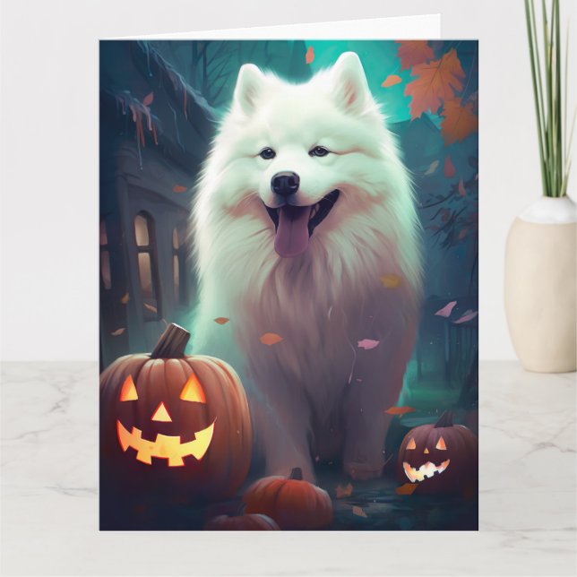 Halloween Samoyed with Pumpkins Scary Kort (Framsida)