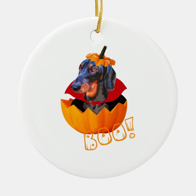Halloween Sause Hund Boo Pumpkin Dachshund Julgransprydnad Keramik (Framsidan)