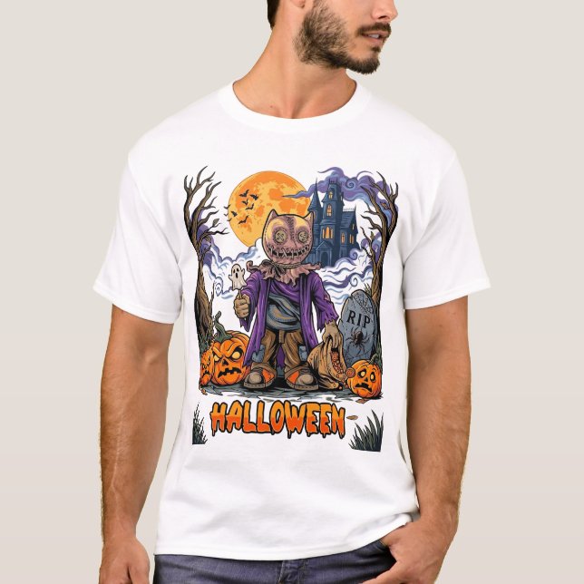 Halloween Scarecrow Godispåse Pumpa Spökhus T Shirt (Framsida)