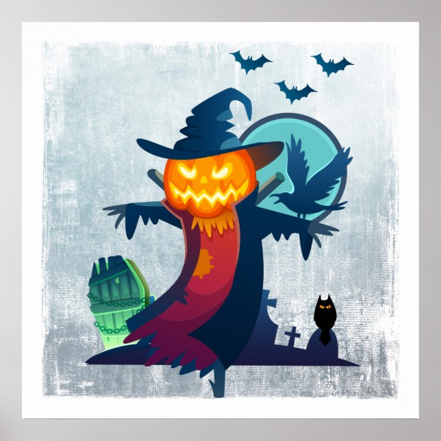 Halloween Scarecrow With Bats Crow And Owl Poster (Framsidan)
