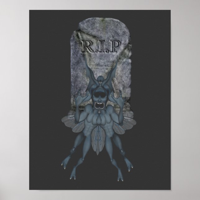 Halloween Scary Blue Goblin Creature Gravsten Poster (Framsidan)