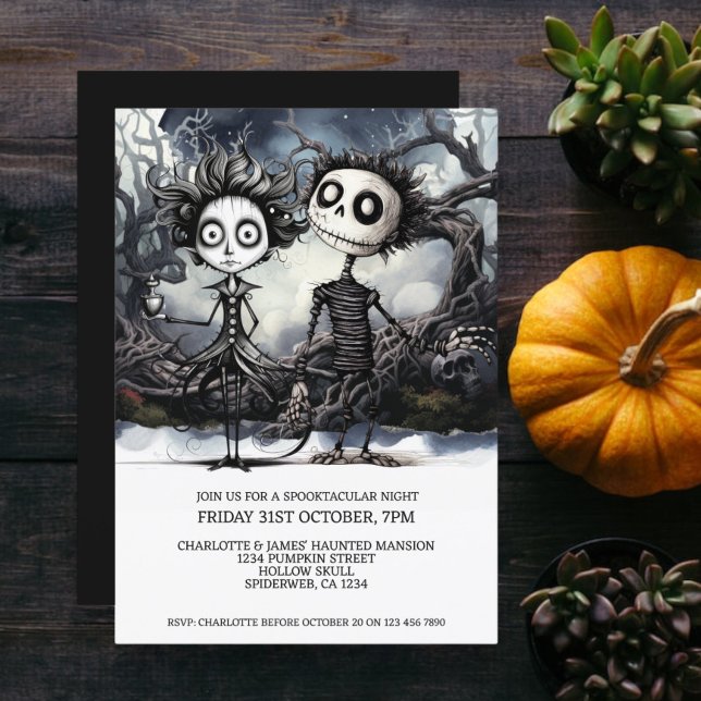 Halloween-scary Gothic par i Skogen Inbjudningar (Halloween Scary Gothic Couple In Woods Invitation from Ricaso. A creepy but cute couple at Halloween)