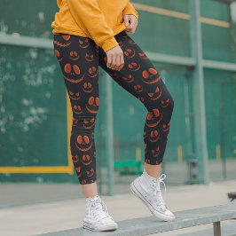 Halloween Scary Öga Ansikte Modern Black Orange Leggings