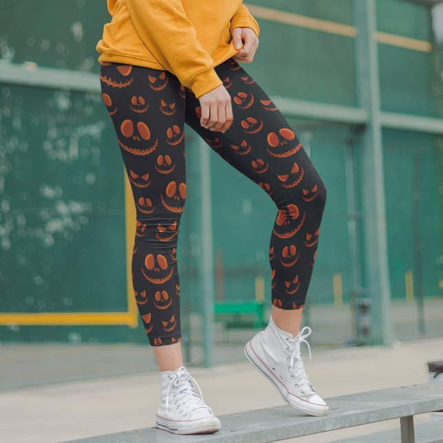 Halloween Scary Öga Ansikte Modern Black Orange Leggings (Skapare uppladdad)