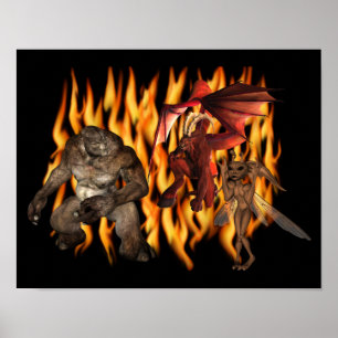 Halloween Scary Ogre och demoner i flamma Poster