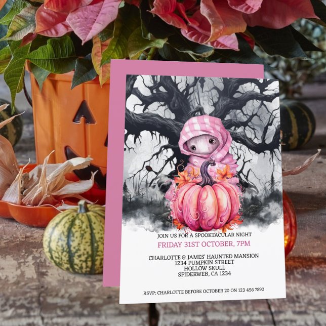 Halloween Scary Rosa Pumpkin och Haunween Figur Inbjudningar (Halloween Scary Pink Pumpkin And Haunted Figure Invitation from Ricaso. A cute but hunting figure)