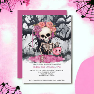 Halloween Scary Rosa Skeleton och Haunween Träd Inbjudningar