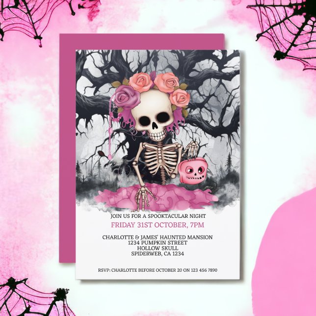 Halloween Scary Rosa Skeleton och Haunween Träd Inbjudningar (Halloween Scary Pink Skeleton And Haunted Tree Invitations from Ricaso)