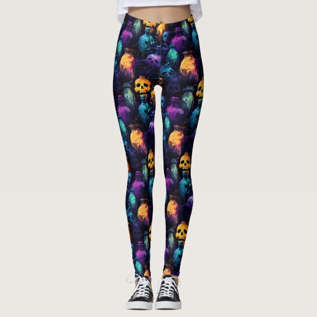 Halloween Scary Skull Orange Lila Blue Glow Leggings (Framsida)