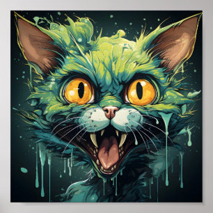 Halloween Scary Tecknad Grönt Zombie Cat Poster
