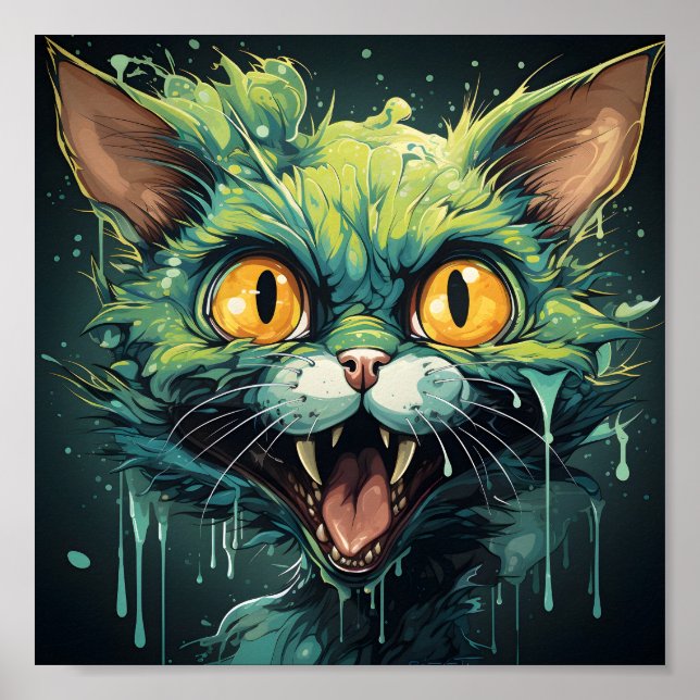 Halloween Scary Tecknad Grönt Zombie Cat Poster (Framsidan)