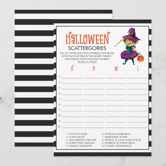 Halloween Scattergories-spelkort med Witch (Fram/baksida)