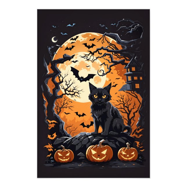 Halloween-scen med katter, spindlar och pumpa fototryck (Framsidan)