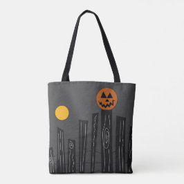 Halloween-scen med pumpa, kråka och måne tygkasse