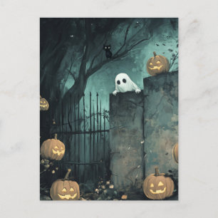 Halloween Scene med Ghost och Cat Vykort