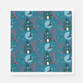 Halloween-scenen som flyger häxhallon rosa träd pappersservett