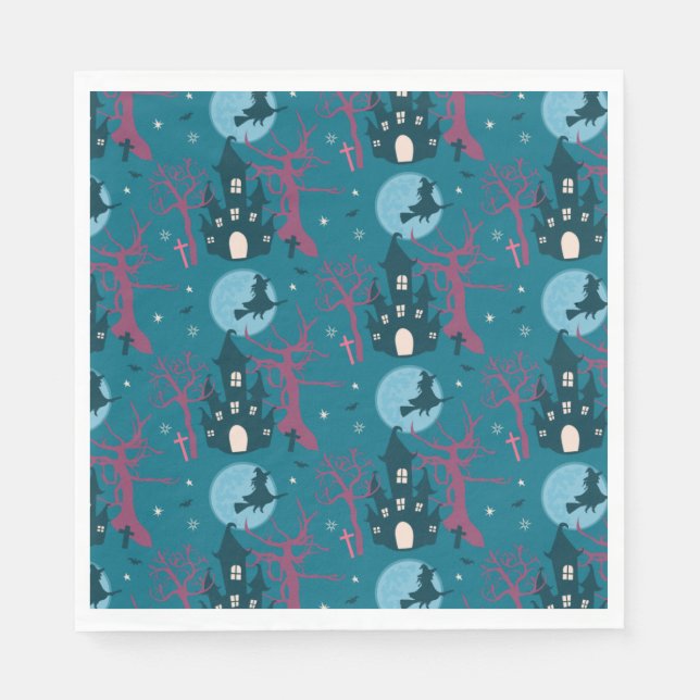 Halloween-scenen som flyger häxhallon rosa träd pappersservett (Framsidan)