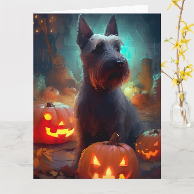 Halloween Scottish Terrier med pumpkins Scary Kort (Gul blomma)