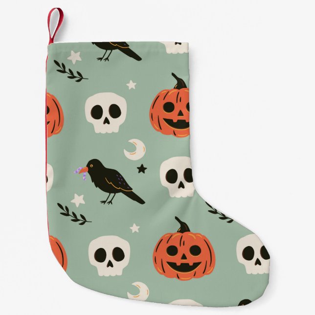 Halloween seamless pattern with ravens, skulls and liten julstrumpa (Framsidan)