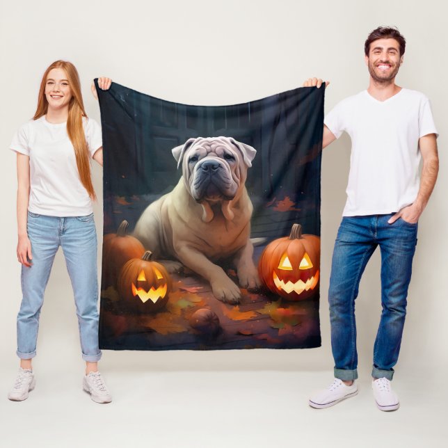 Halloween Shar Pei Med Pumpa Skräckinjagande Fleecefilt (På plats)