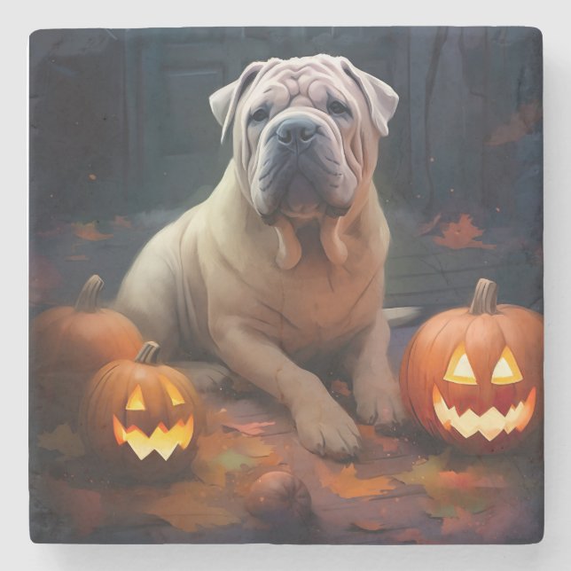 Halloween Shar Pei Med Pumpa Skräckinjagande Stenunderlägg (Framsidan)