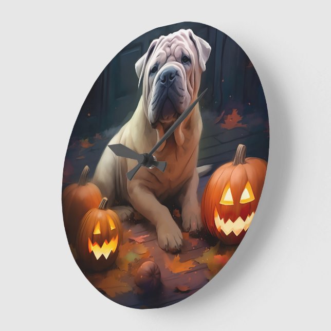 Halloween Shar Pei Med Pumpa Skräckinjagande Stor Klocka (Vinkel)