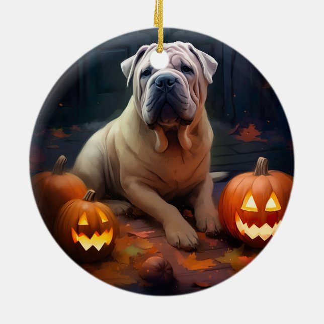 Halloween Shar Pei med pumpor läskig Julgransprydnad Keramik (Baksidan)