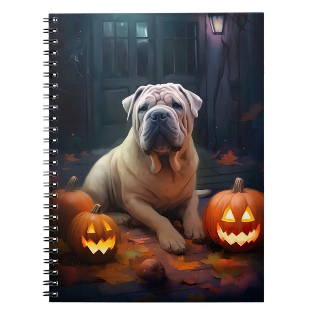Halloween Shar Pei med pumpor Scary Anteckningsbok (Framsidan)