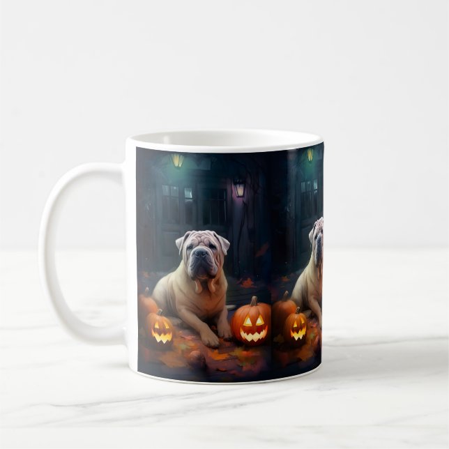 Halloween Shar Pei med pumpor Scary Kaffemugg (Vänster)