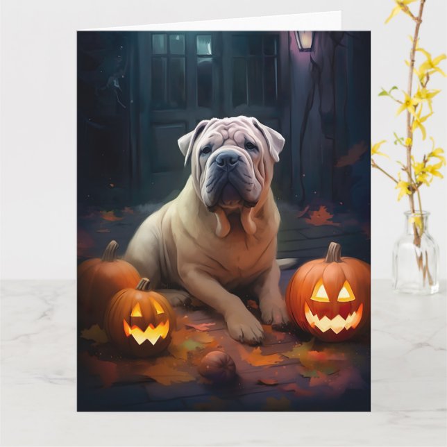 Halloween Shar Pei med pumpor Scary Kort (Gul blomma)