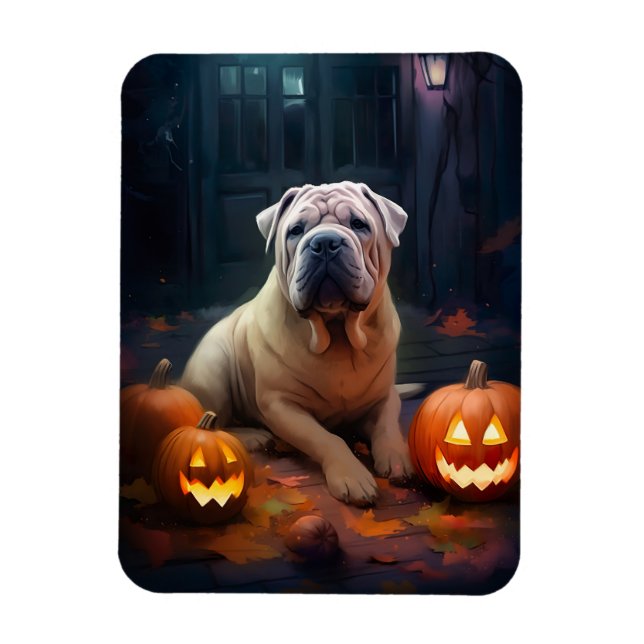 Halloween Shar Pei med pumpor Scary Magnet (Vertikal)