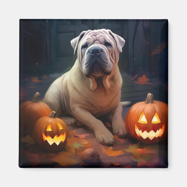 Halloween Shar Pei med pumpor Scary Magnet (Framsidan)