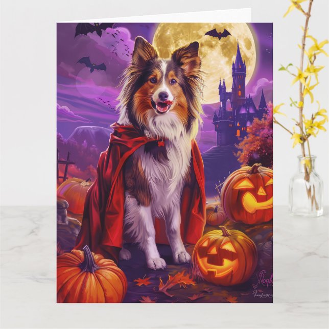 Halloween Shetland Sheepdog Vampire Pumpkins Scary Kort (Gul blomma)