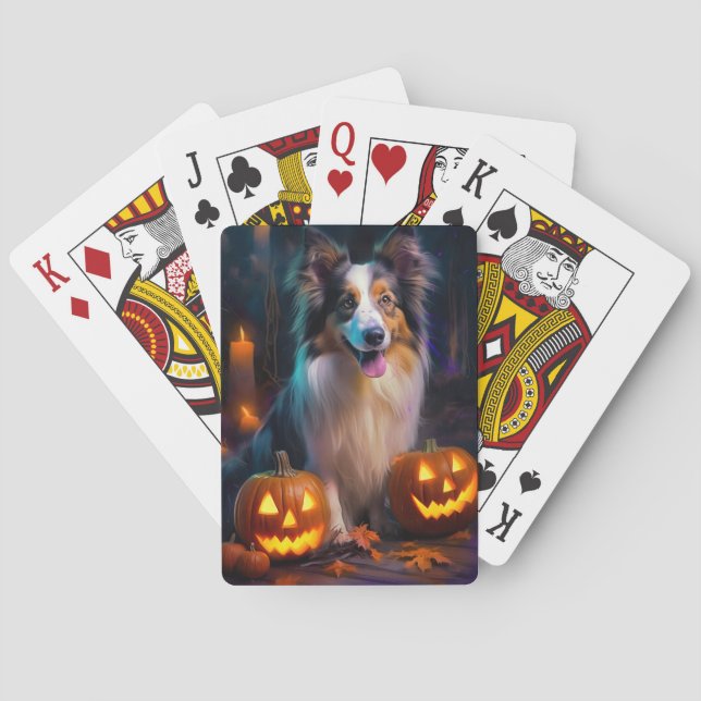 Halloween Shetland Sheepdog with Pumpkins Scary Casinokort (Baksidan)