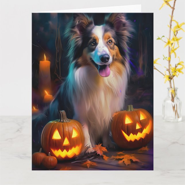 Halloween Shetland Sheepdog with Pumpkins Scary Kort (Gul blomma)