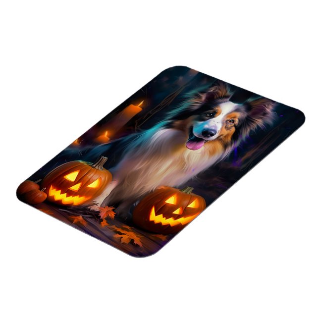 Halloween Shetland Sheepdog with Pumpkins Scary Magnet (Vänstra Sidan)