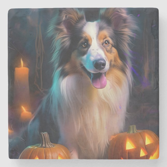 Halloween Shetland Sheepdog with Pumpkins Scary Stenunderlägg (Framsidan)
