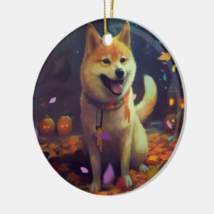 Halloween Shiba Inu Med Pumpalettar Skräck Julgransprydnad Keramik