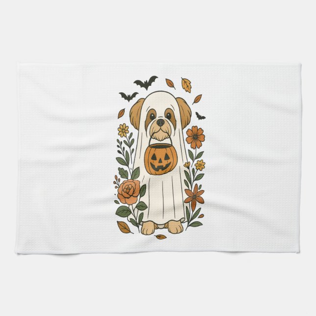 Halloween Shih Tzu med höstblommor Kökshandduk (Horisontell)